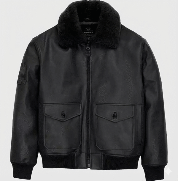 Classic flight jacket style with a modern black finish. High-quality leather that feels soft and looks professional. Removable furry collar to change your look in seconds. Warm ribbed waist and cuffs to keep the winter chill away.