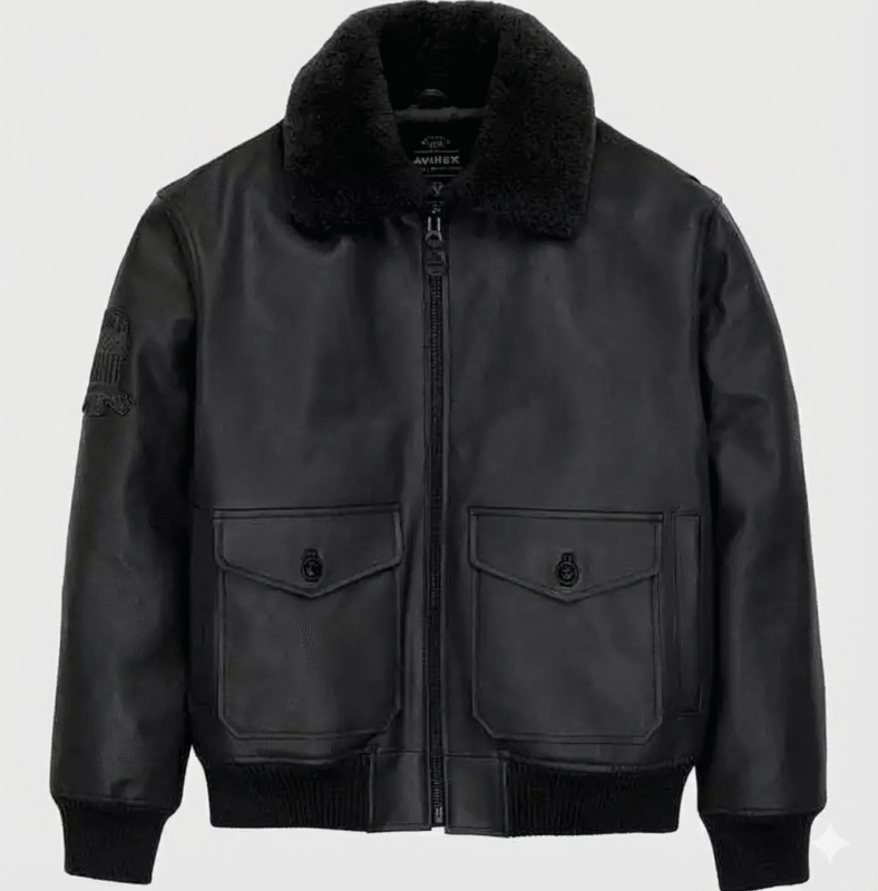 Classic flight jacket style with a modern black finish. High-quality leather that feels soft and looks professional. Removable furry collar to change your look in seconds. Warm ribbed waist and cuffs to keep the winter chill away.