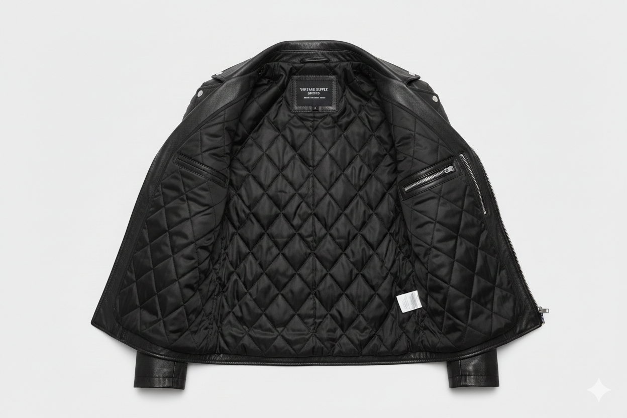 Black Leather Biker Jacket with Quilted Shoulder Padding for Men