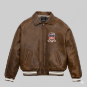 Avirex Brown Leather Bomber Jacket with American Flag Patch