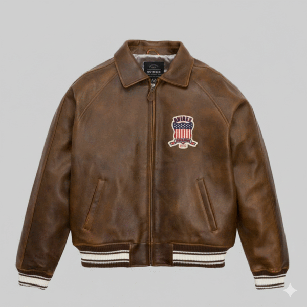 Avirex Brown Leather Bomber Jacket with American Flag Patch