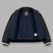 Avirex Navy Blue Leather Varsity Jacket with Iconic Shield Patch