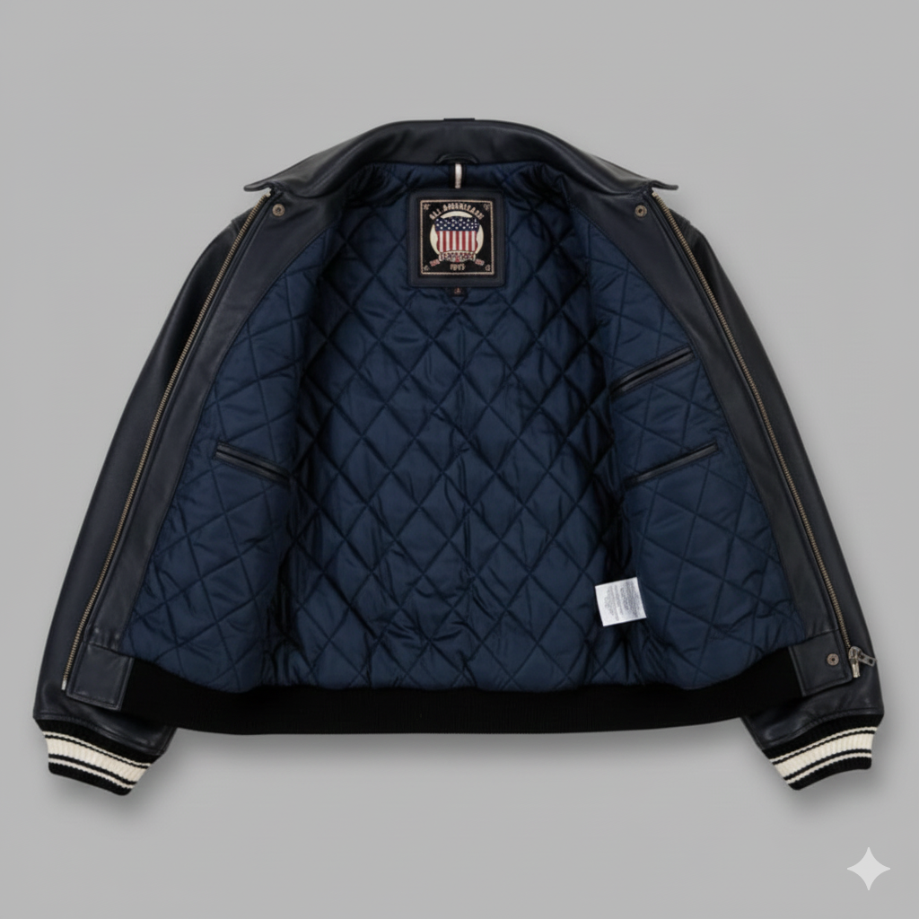 Avirex Navy Blue Leather Varsity Jacket with Iconic Shield Patch