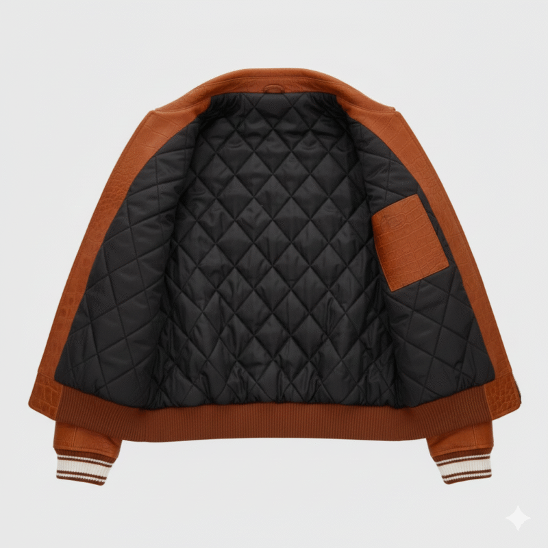 Avirex USA Leather Jacket Brown Varsity Bomber Croc Emboss