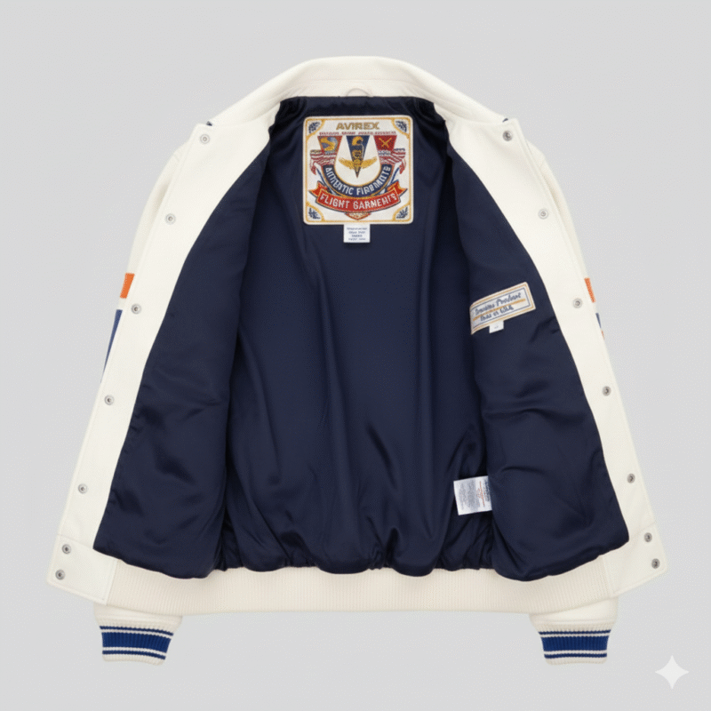 Avirex New York USA Off White Leather Varsity Bomber Jacket