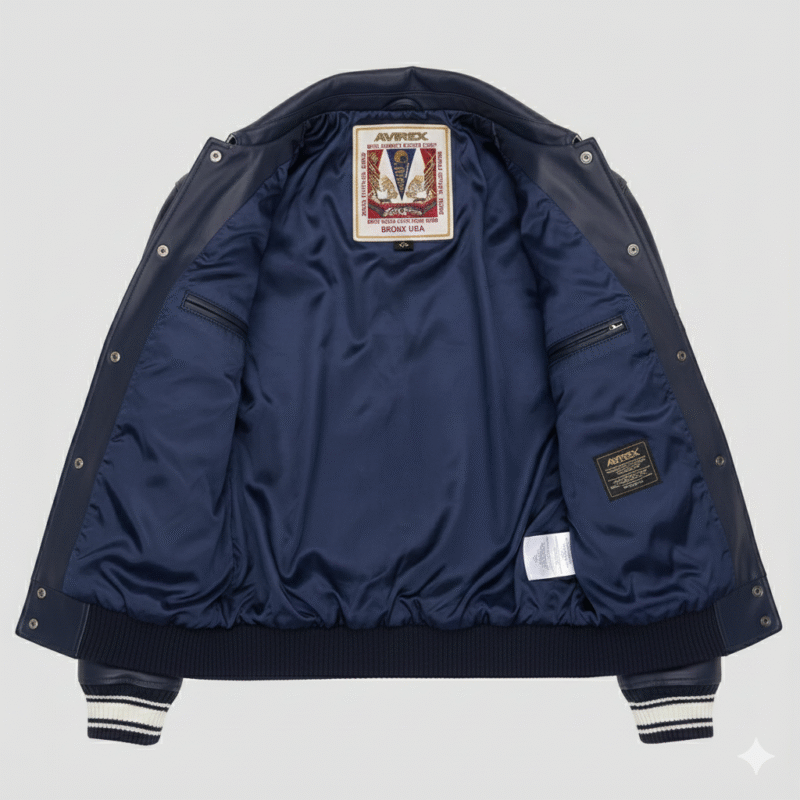 Avirex Bronx Navy Blue Leather Varsity Bomber Jacket