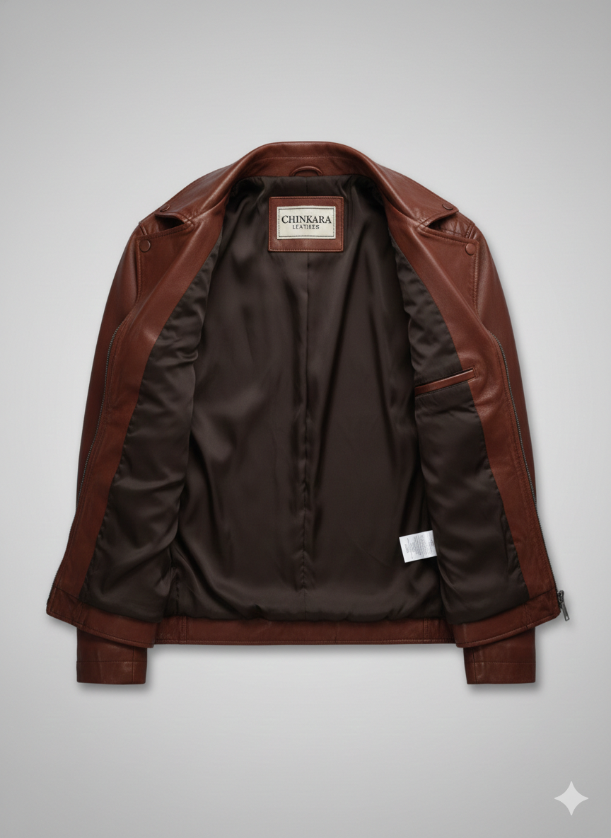 Mens Brown Leather Biker Jacket with Quilted Shoulder Detail