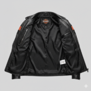 Harley Davidson Black Leather Biker Jacket Orange Racing Stripe