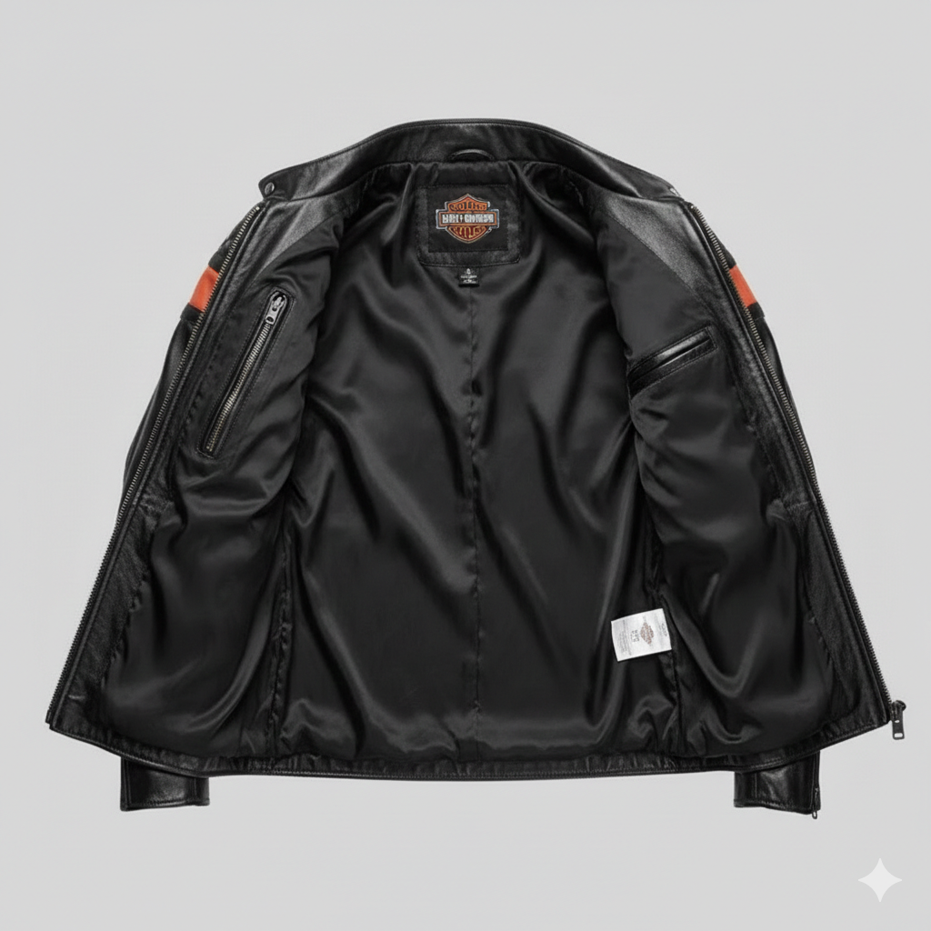 Harley Davidson Black Leather Biker Jacket Orange Racing Stripe