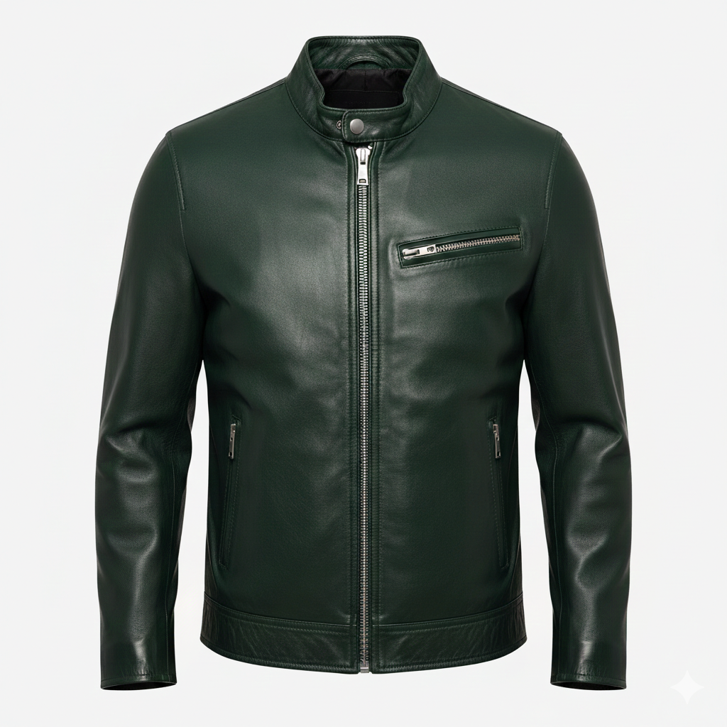 Men’s Slim Fit Dark Green Genuine Leather Bomber Jacket