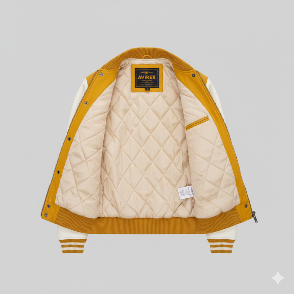 Avirex Mustard Leather Varsity Wool Bomber Jacket