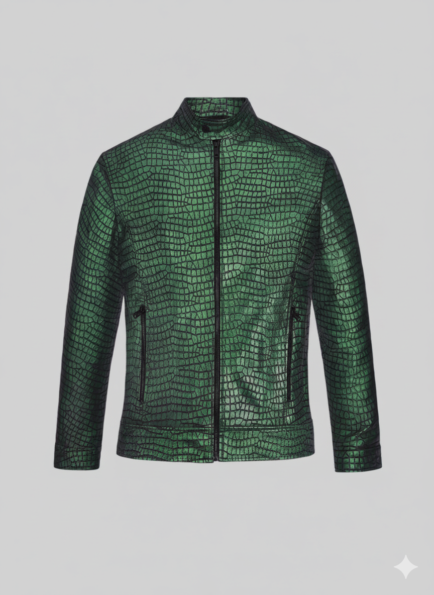 Green Croc Leather Jacket Premium Men’s Slim Fit Biker Style