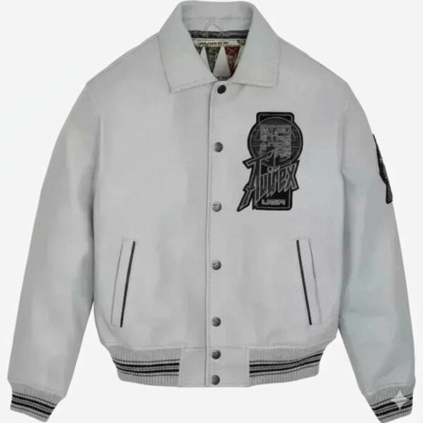 Avirex Leather Varsity Jacket Light Grey Premium Streetwear Style