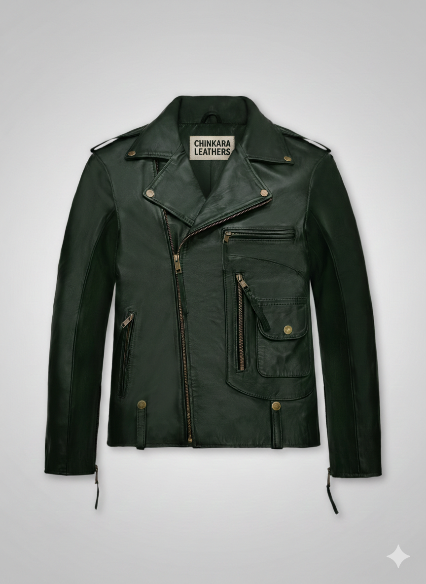 Chris Pine Green Leather Biker Jacket for Men Premium Skin