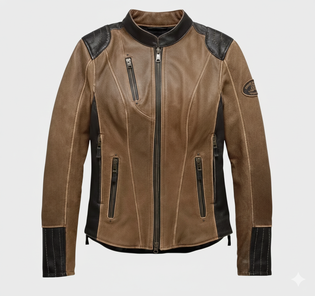 Harley Davidson Brown Distressed Leather Moto Jacket