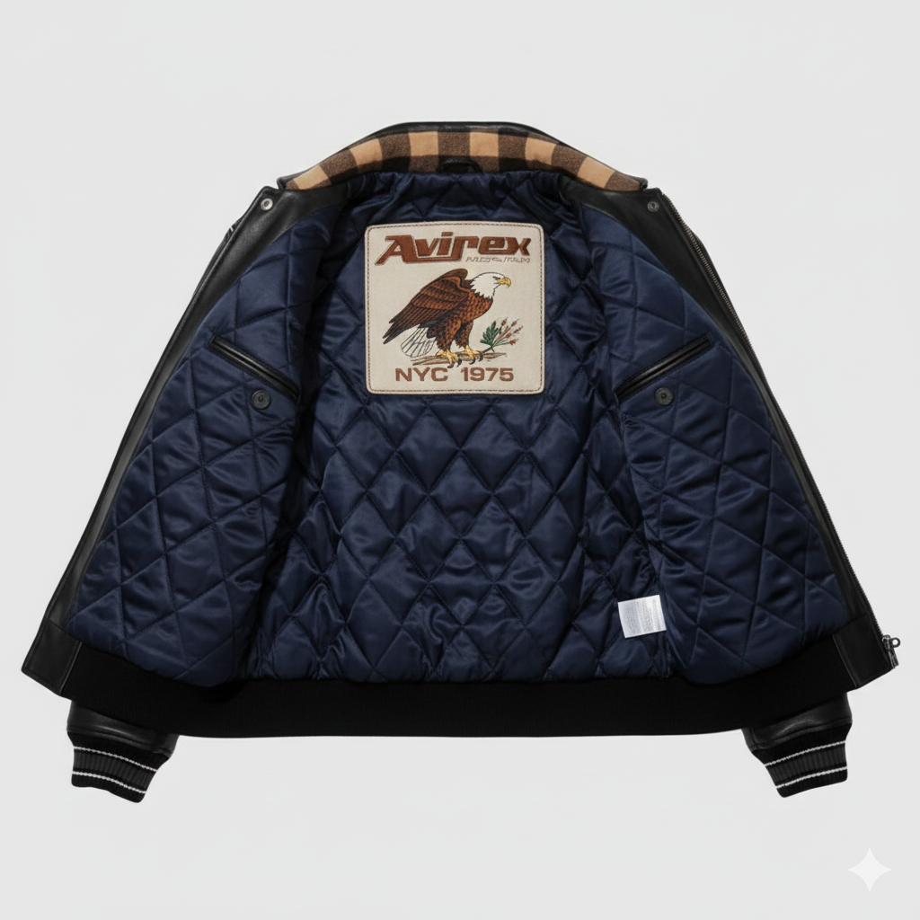 Avirex Leather Bomber Jacket Men Black Racing Outerwear