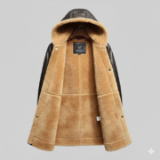 Men’s Brown Long Shearling Leather Hooded Parka Coat