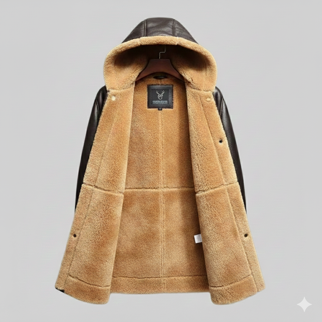 Men’s Brown Long Shearling Leather Hooded Parka Coat