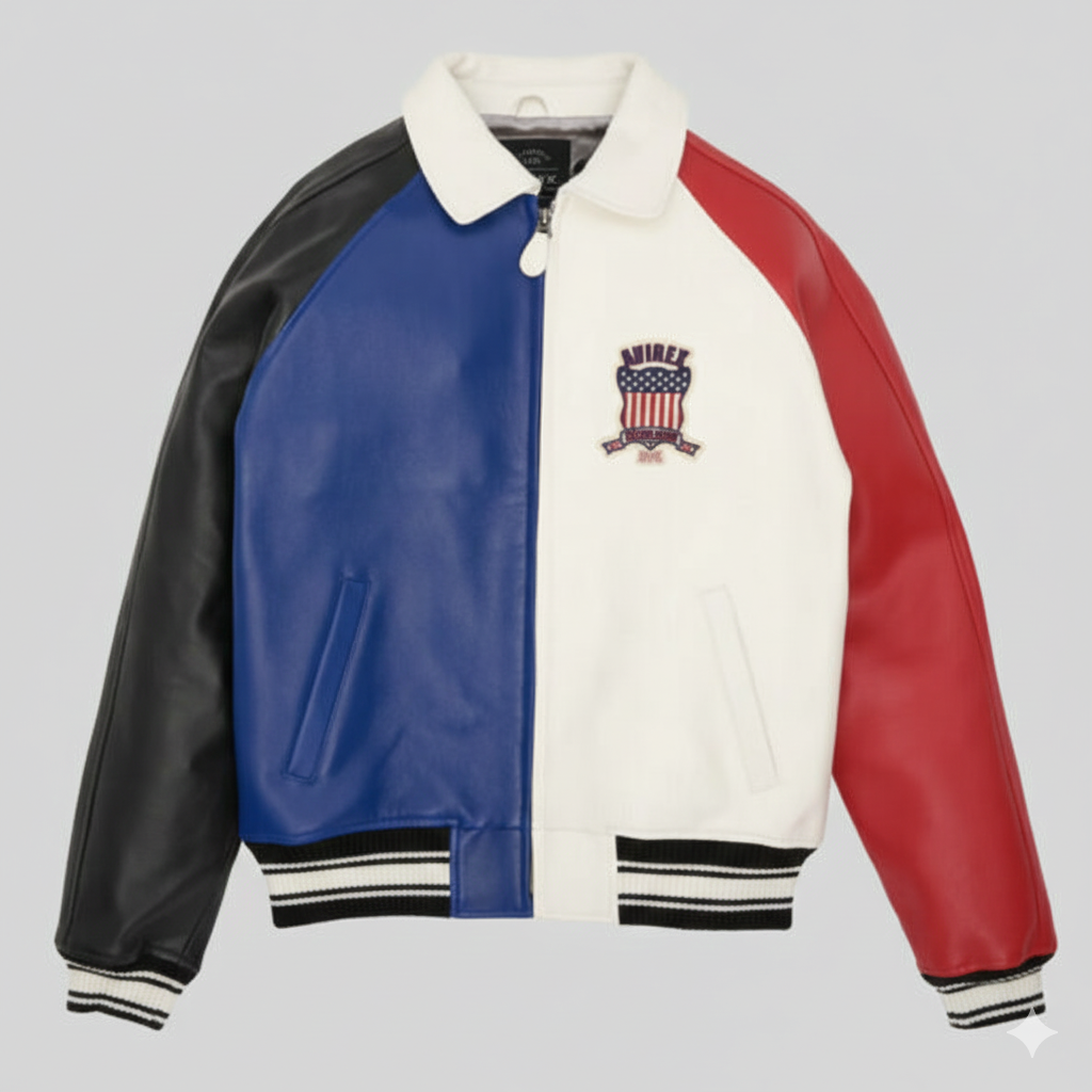 Avirex USA Leather Varsity Jacket Tri Color Retro Bomber Coat