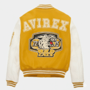 Avirex Mustard Leather Varsity Wool Bomber Jacket