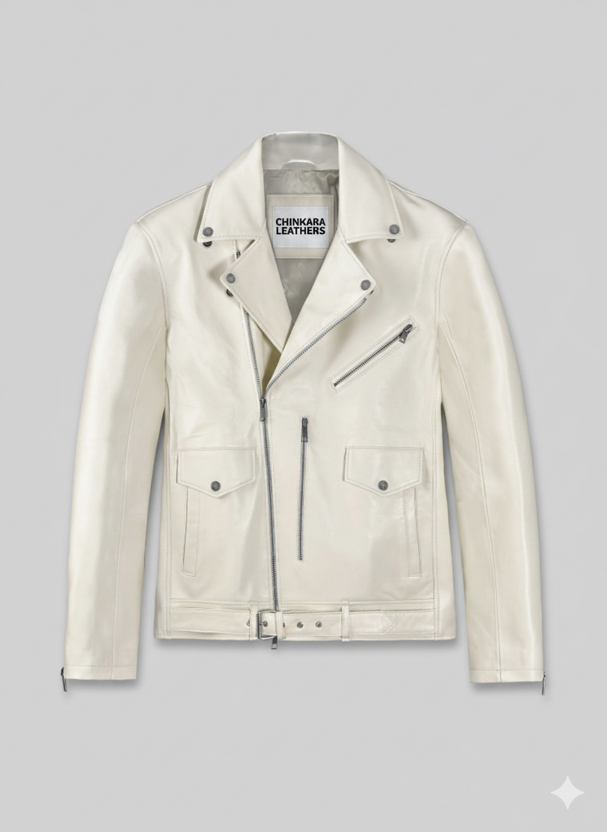 Nick Jonas White Leather Biker Jacket by Chinkara Leathers
