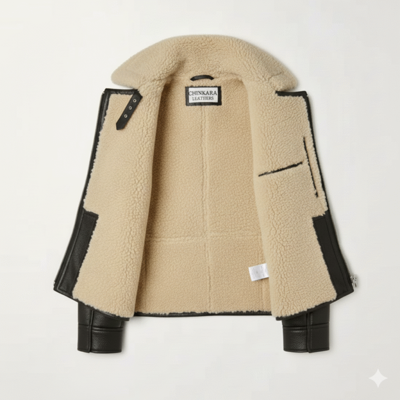 Black Aviator Shearling Leather Jacket by Chinkara Leathers
