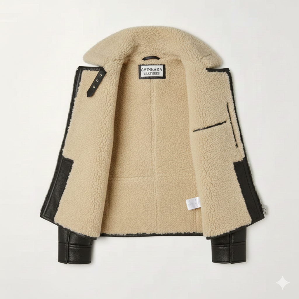 Black Aviator Shearling Leather Jacket by Chinkara Leathers