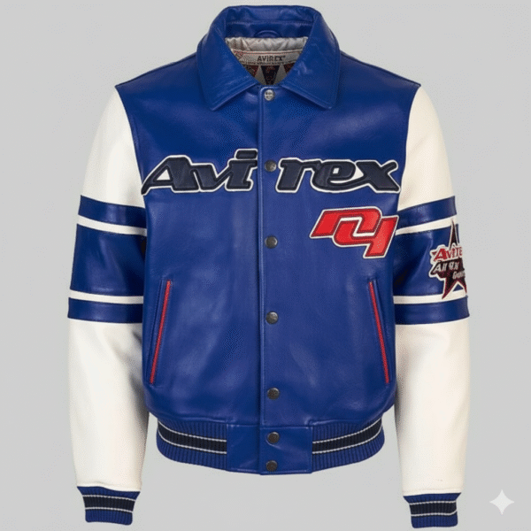 Avirex Blue Leather Varsity Jacket Premium Bomber Outerwear
