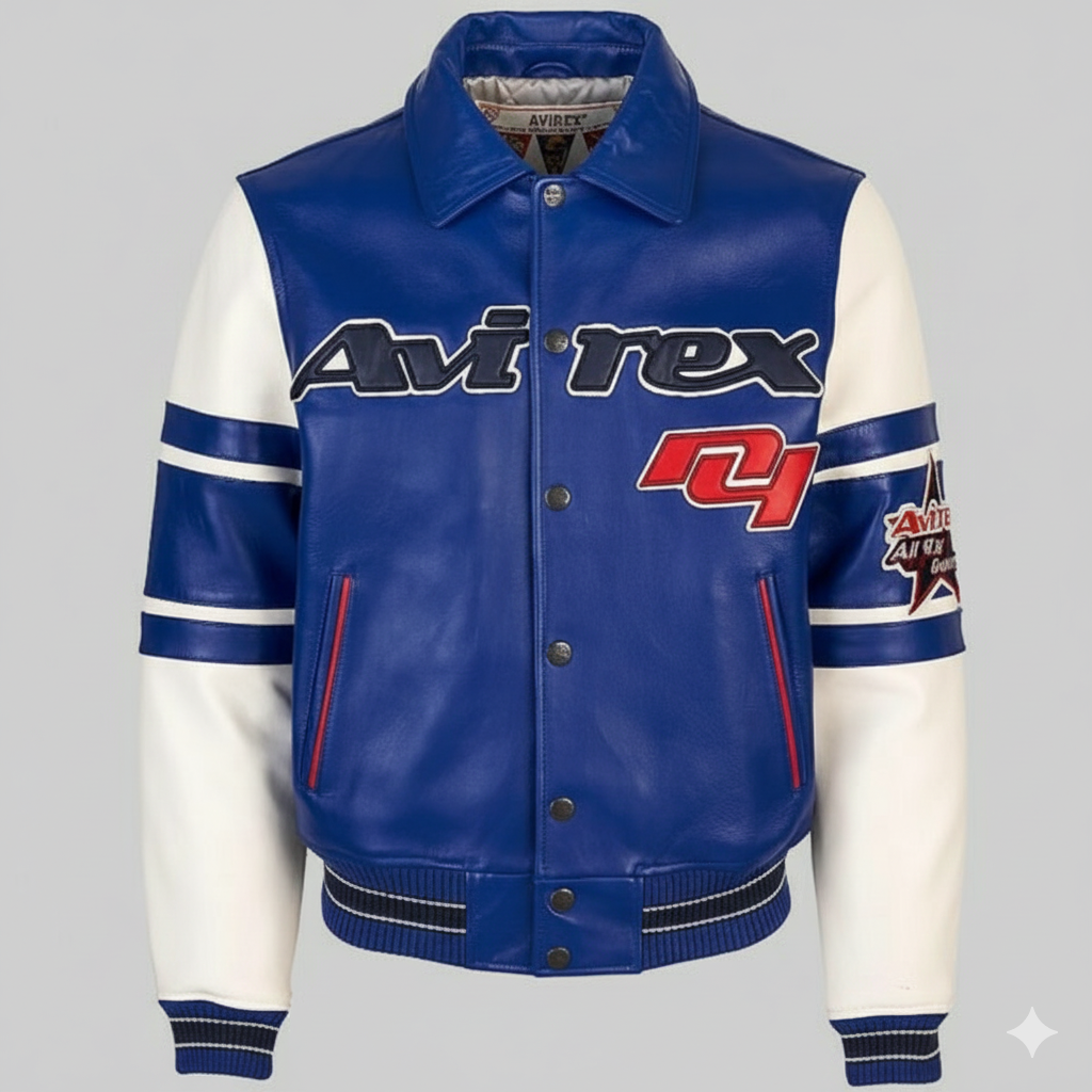 Avirex Blue Leather Varsity Jacket Premium Bomber Outerwear