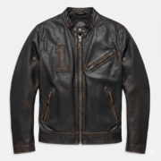 Genuine distressed cowhide leather offers a timeless vintage appearance. Ergonomic action back design ensures total comfort during long rides. Classic racing patches provide an authentic and heritage-inspired look. Functional zippered pockets and armor-ready lining enhance rider utility.