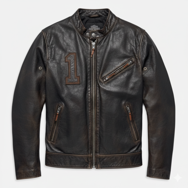 Genuine distressed cowhide leather offers a timeless vintage appearance. Ergonomic action back design ensures total comfort during long rides. Classic racing patches provide an authentic and heritage-inspired look. Functional zippered pockets and armor-ready lining enhance rider utility.