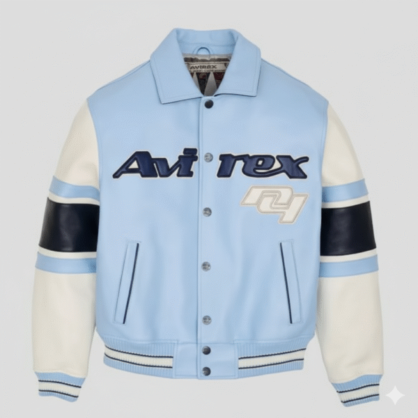 Avirex Light Blue Leather Varsity Bomber Jacket