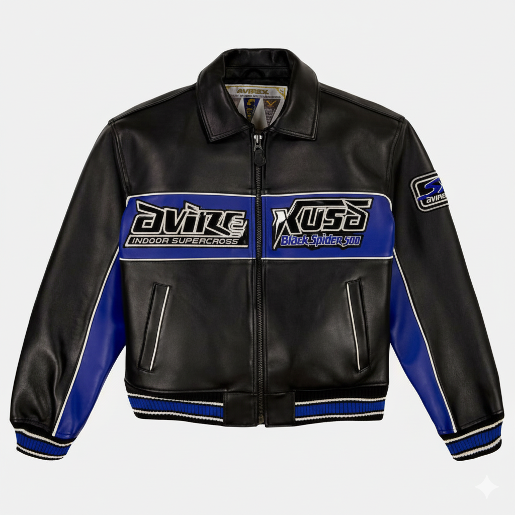 Avirex Leather Racing Jacket Black Spider Indoor Supercross Style