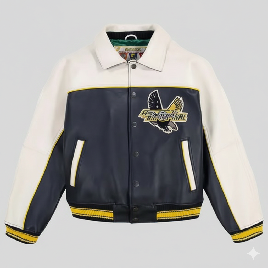 Avirex Mens Leather Varsity Jacket Navy Blue White Bomber Coat