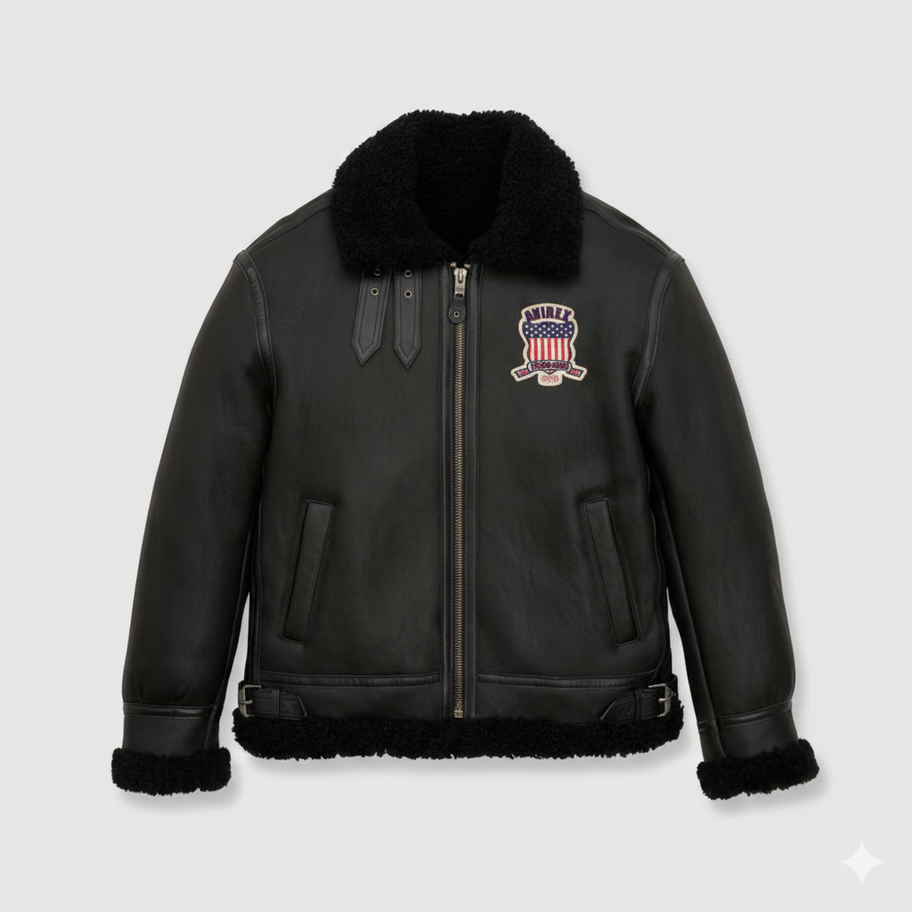 Avirex Men Black B3 Bomber Aviator Jacket with Shearling