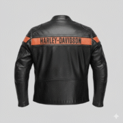 Harley Davidson Black Leather Biker Jacket Orange Racing Stripe
