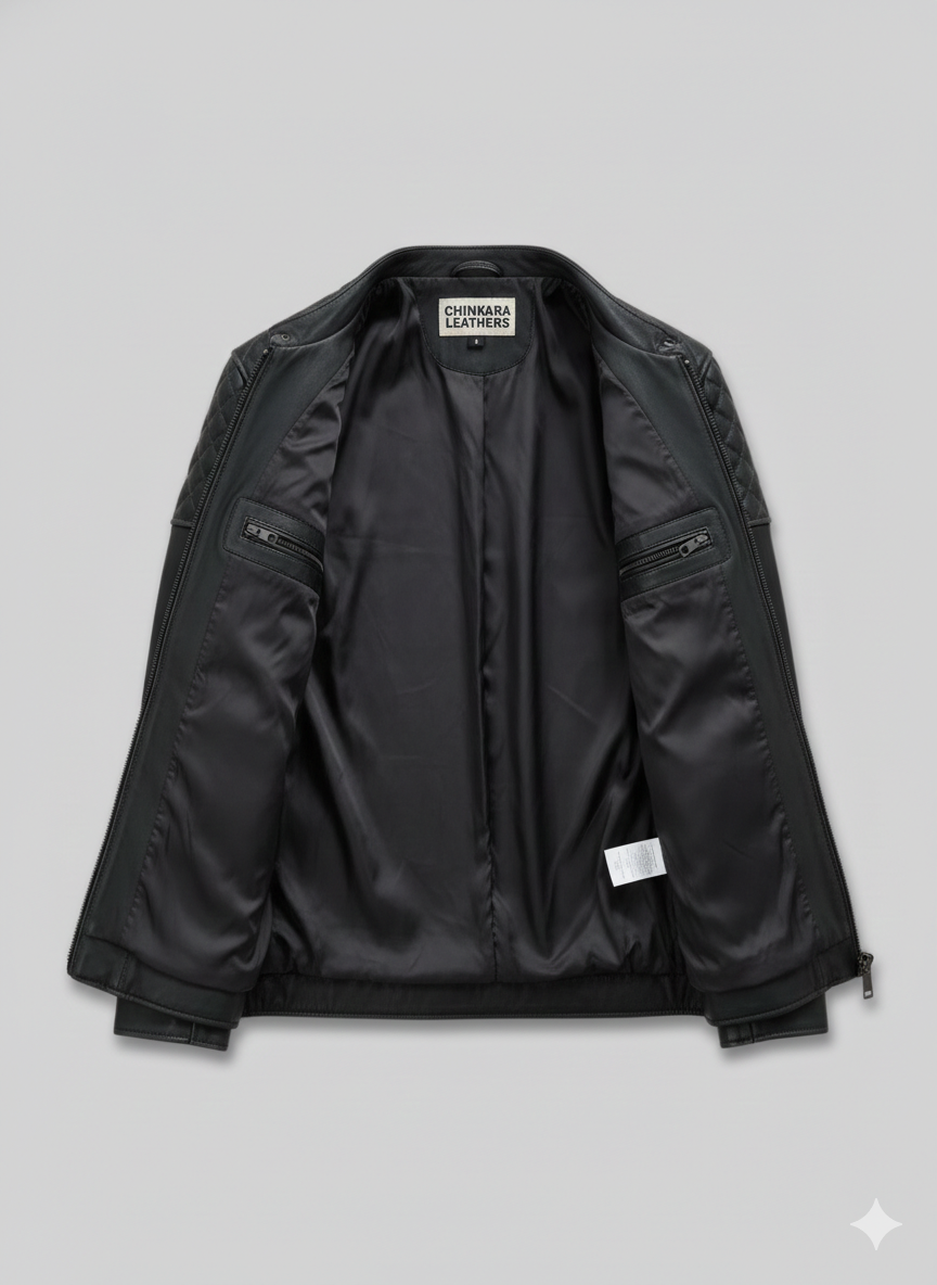 Black Leather Biker Jacket for Men with Quilted Shoulders