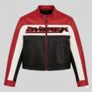 Avirex Cropped Leather Jacket Women Colorblock Red Black Biker
