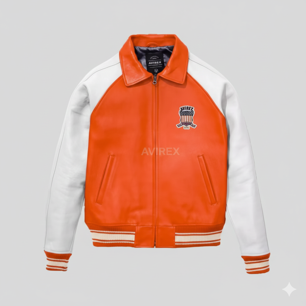 Avirex USA Leather Varsity Orange White Jacket