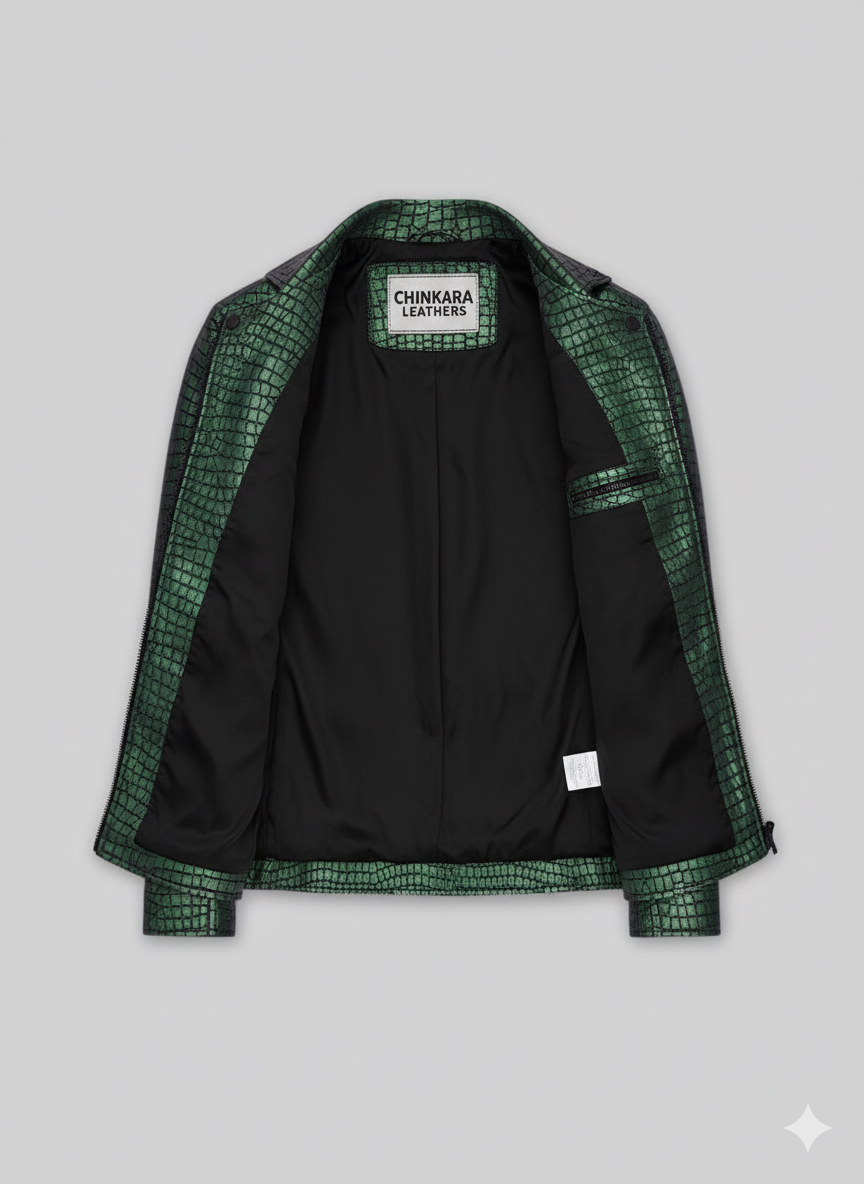 Green Croc Leather Jacket Premium Men’s Slim Fit Biker Style