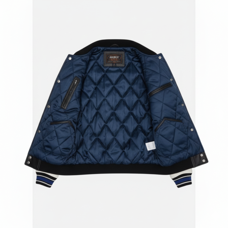 Avirex Black Varsity Jacket White Sleeves And Blue Striped Ribbing