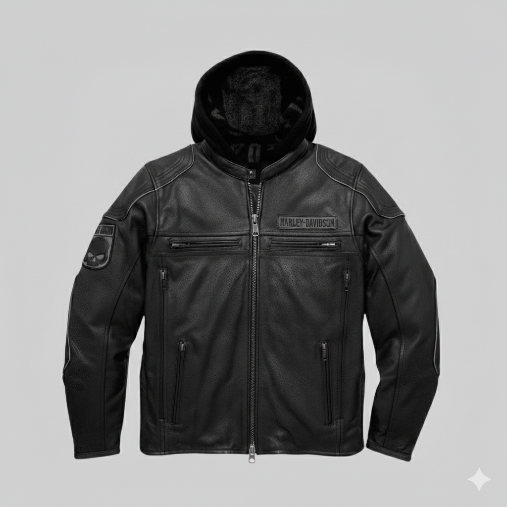 Harley Davidson Black Leather Hooded Jacket Willie G Skull Biker