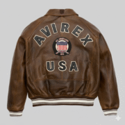 Avirex Brown Leather Bomber Jacket with American Flag Patch