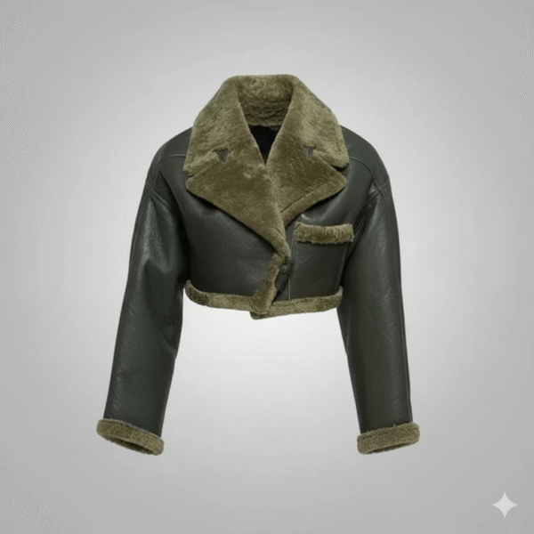 Olive Cropped Shearling Jacket Premium Leather Women Winter