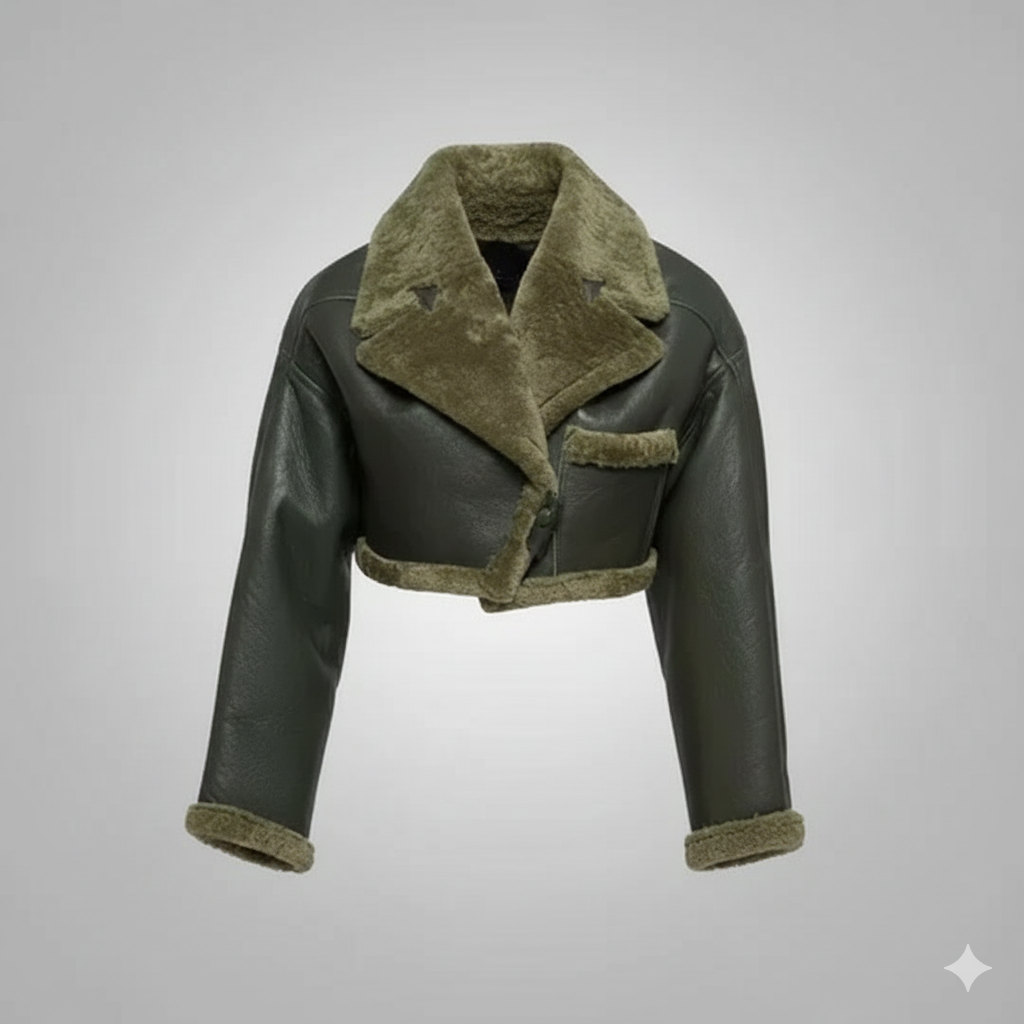 Olive Cropped Shearling Jacket Premium Leather Women Winter