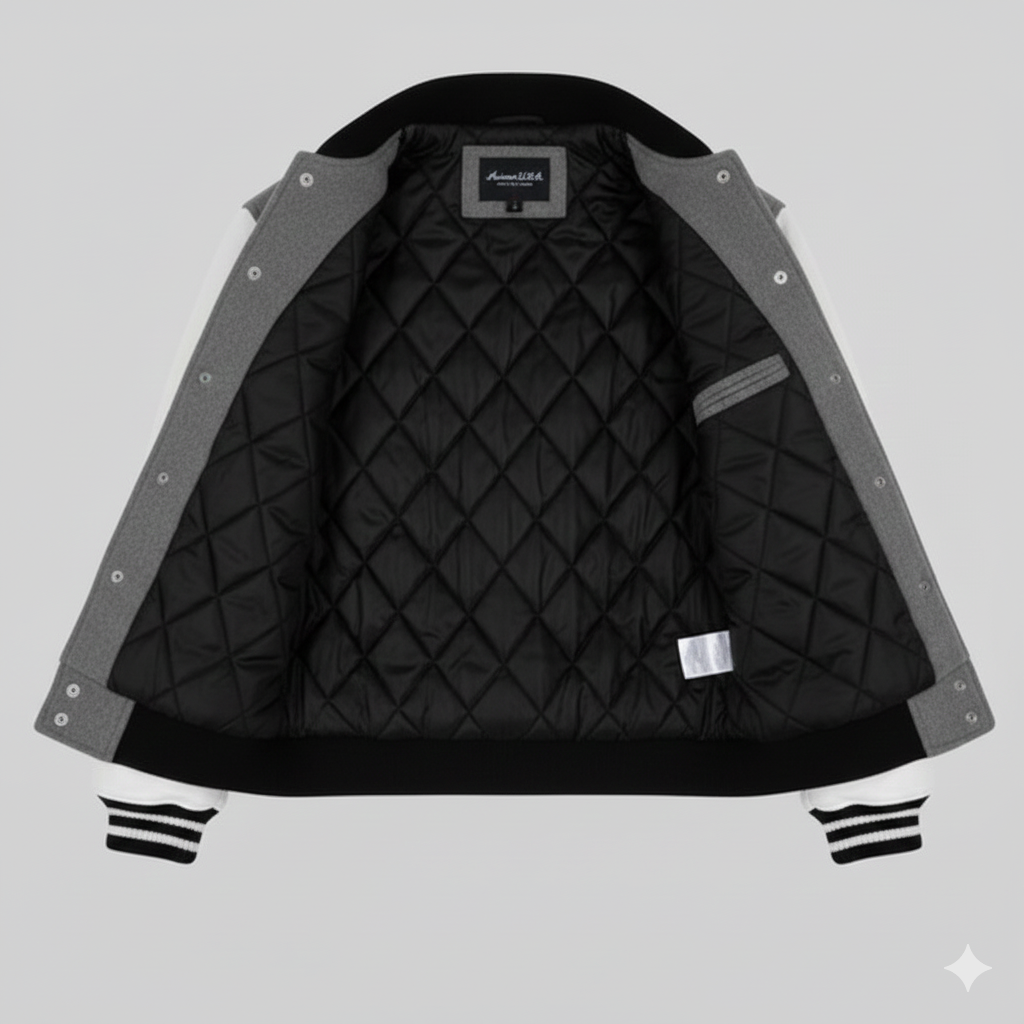 Grey Varsity Bomber Jacket Premium Wool and Leather Sleeves