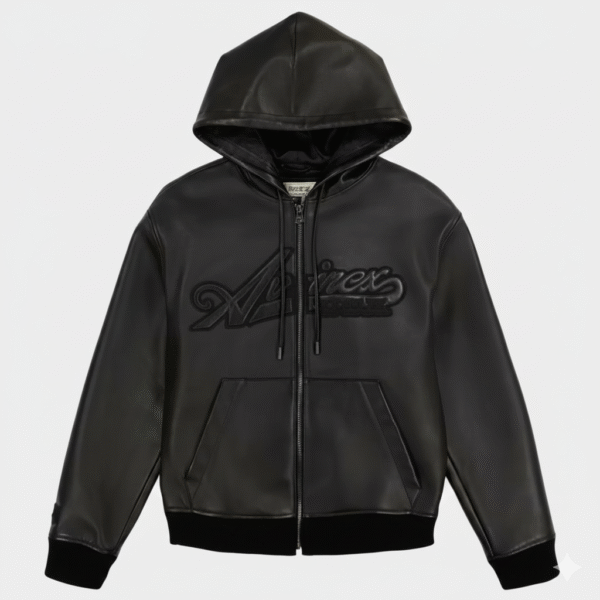 Avirex Black Leather Hoodie Urban Streetwear Sheepskin Jacket