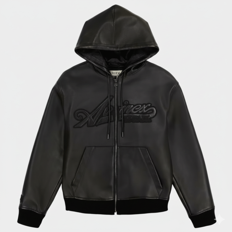 Avirex Black Leather Hoodie Urban Streetwear Sheepskin Jacket