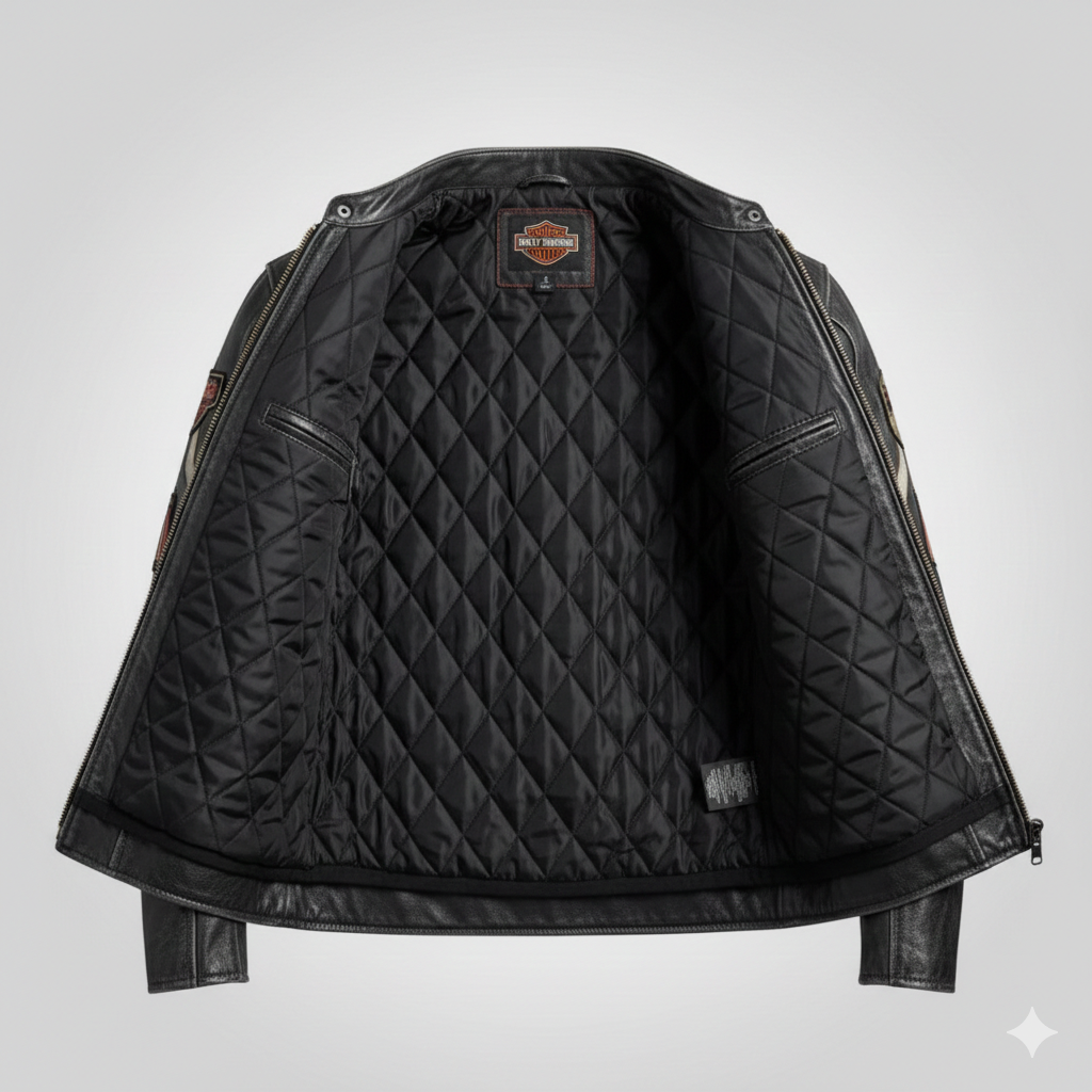 Harley Davidson Black Leather Biker Jacket with Racing Patches