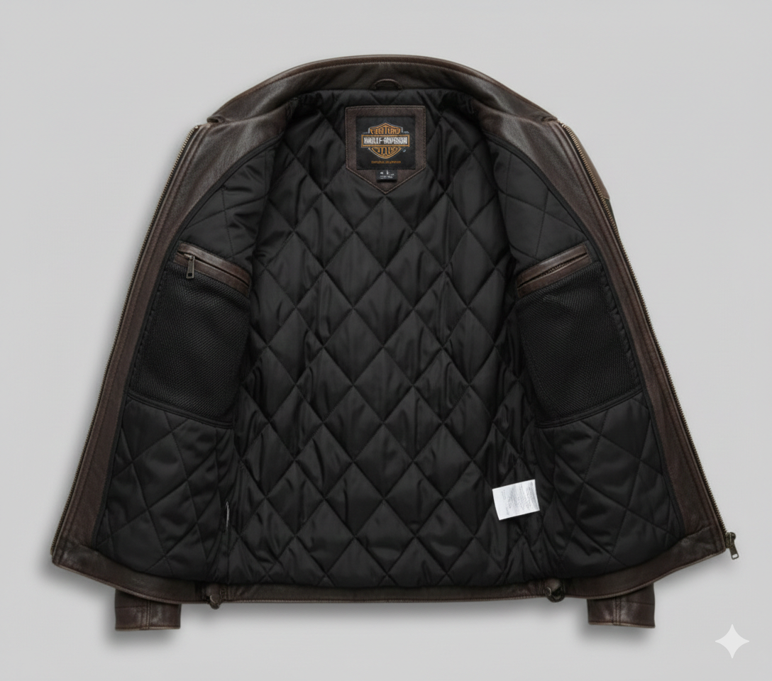 Vintage Brown Leather Biker Jacket Harley Davidson Back Patch